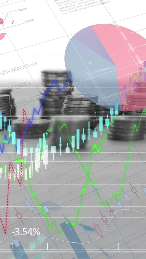 Animation of financial data processing over stacks of coins Stock Footage 323783881