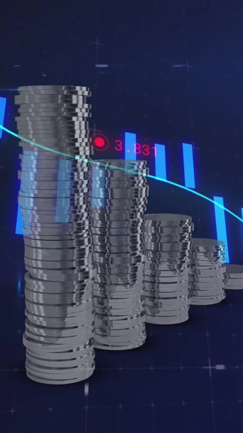 Animation of financial data processing over stacks of coins Stock Footage 323783884