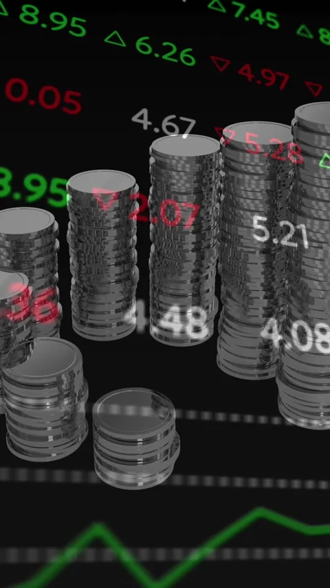 Animation of financial data processing over stacks of coins Stock Footage 323783885
