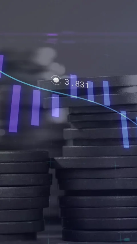 Animation of financial data processing over stacks of coins Stock Footage 323783888