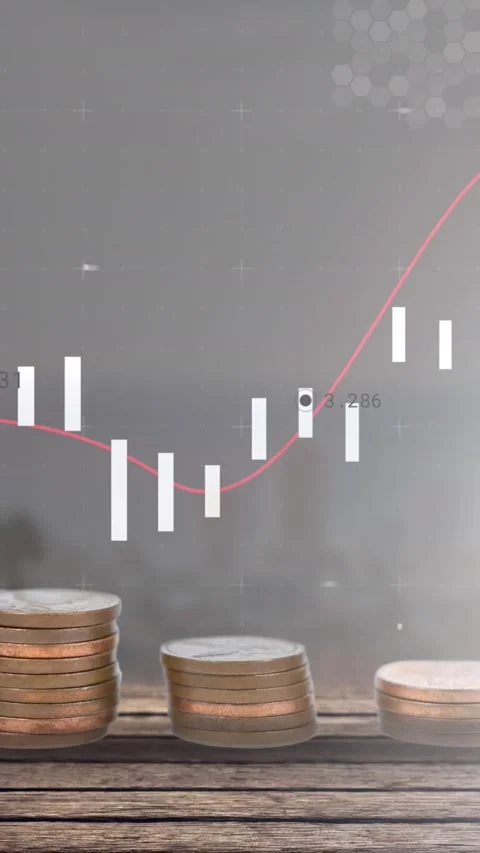 Animation of financial data processing over stacks of coins Stock Footage 323783890