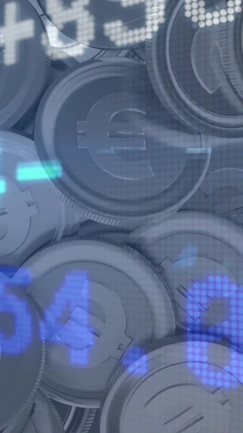 Animation of financial data processing over stacks of euro currency coins Stock Footage 323783891