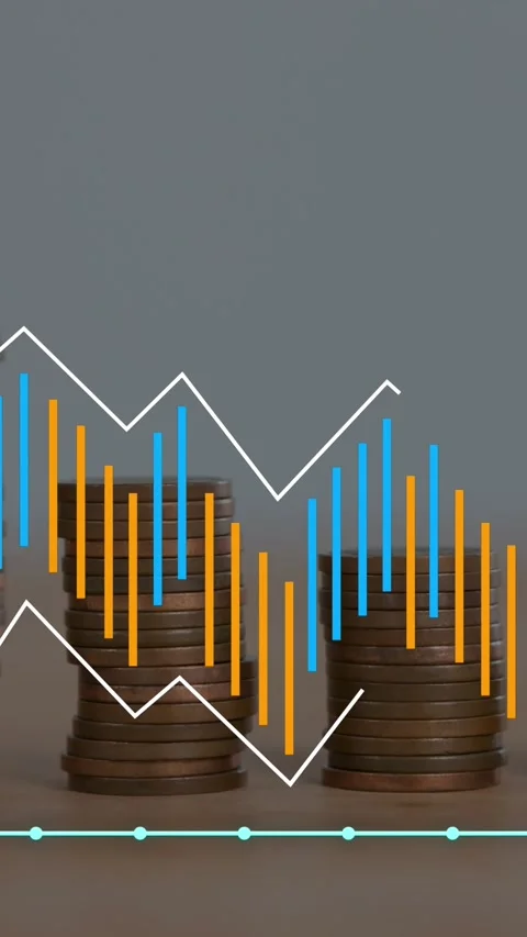 Animation of financial data processing over stacks of coins Stock Footage 323783892