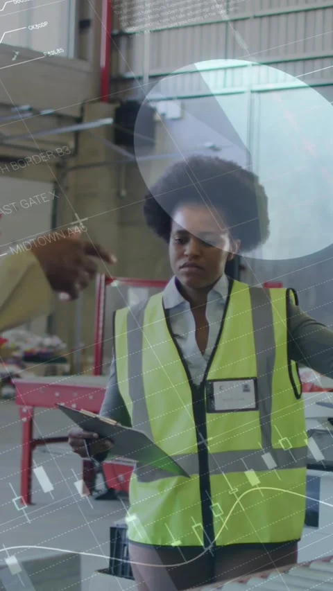 Animation of financial data processing over diverse people working in warehouse Stock Footage 323909527