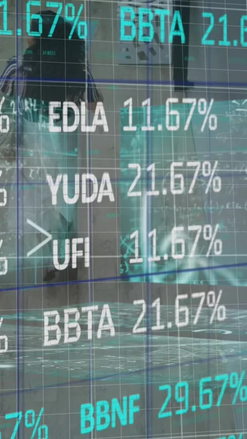 Animation of financial data processing over diverse colleagues walking through Stockbeeldmateriaal 323923361