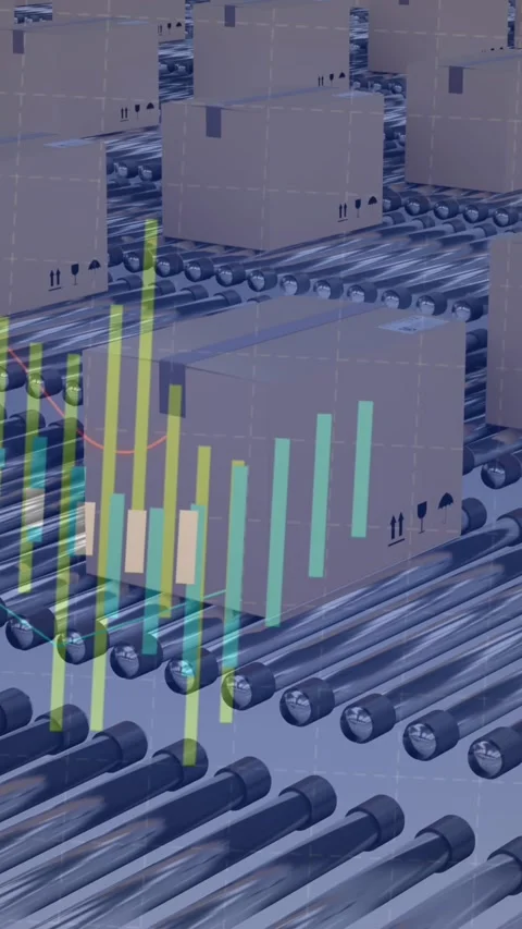 Animation of financial data processing over boxes on conveyor belts Stock Footage 324434337