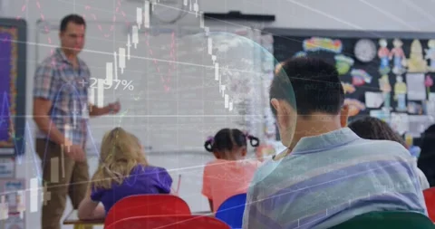 Animation of financial data processing over diverse schoolchildren in class Stock Footage 325703197