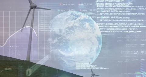 Animation of financial data processing over earth and wind turbine Stock Footage 325773814