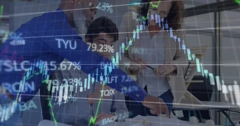 Animation of financial data processing over three diverse engineers discussing Stock Footage 325963076