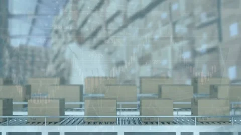 Animation of financial data processing over cardboard boxes on conveyor belts Stock Footage 326032341