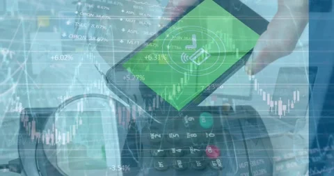 Animation of financial data processing over smartphone and payment terminal Stock Footage 326033994
