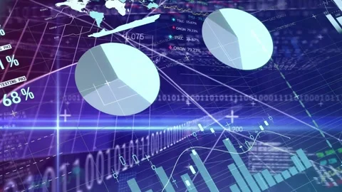 Animation of financial data processing over binary coding on dark background Stock Footage 326034745