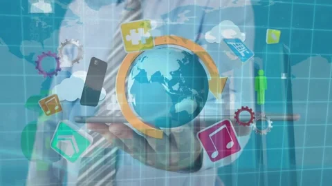 Animation of financial data processing over delivery man loading scope scanning Stock Footage 326098777