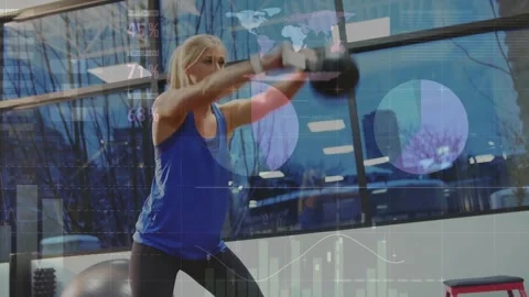 Animation of financial data processing over caucasian woman exercising in gym Stock Footage 326100822