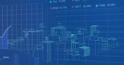 Animation of financial data processing over 3d cityscape drawing Stock Footage 326296938