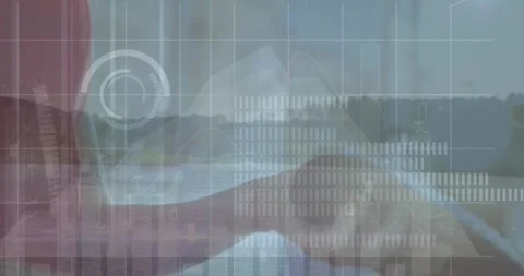 Animation of financial data processing over people using payment terminal Stock Footage 326297284