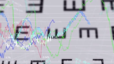 Animation of financial data processing over snellen eye chart against white Stock Footage 326303435