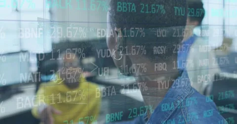 Animation of financial data processing over rear view of a woman giving a Stock Footage 326427009