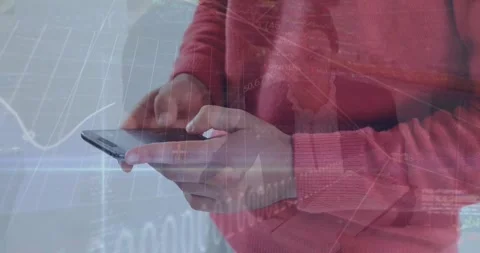 Animation of financial data processing over people using smartphone and payment Stock Footage 326627023