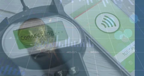 Animation of financial data processing over smartphone and payment terminal Stock Footage 326760593
