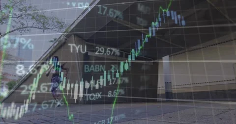 Animation of financial data processing over african american woman running Stock Footage 326876393