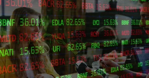 Animation of financial data processing over caucasian woman making card payment Stock Footage 327003006