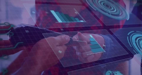 Animation of financial data processing over people using payment terminal Stock Footage 327006742