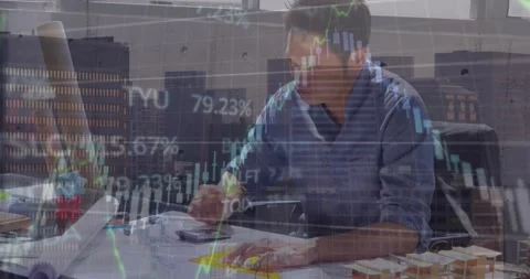 Animation of financial data processing over male architect working in office Stock Footage 327060437