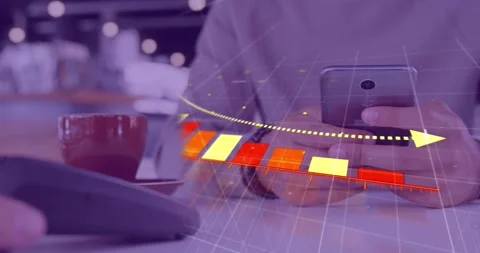 Animation of financial data processing over people using payment terminal Stock Footage 327062575