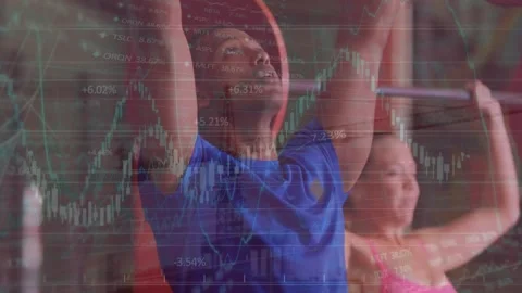 Animation of financial data processing over diverse people exercising Stock Footage 327127615