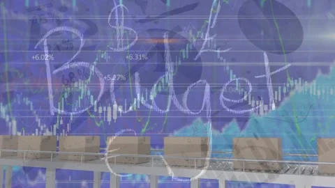 Animation of financial data processing over boxes on conveyor belt, budget text Stock Footage 327196765