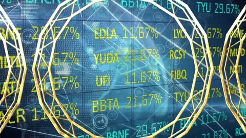 Animation of financial data processing over globe and gold pattern Stock Footage 327199740