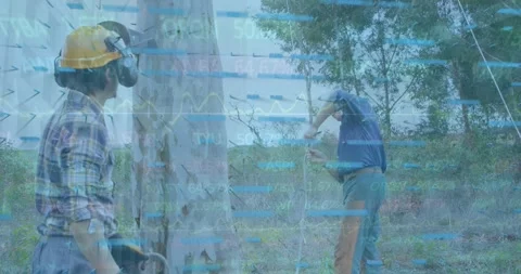 Animation of financial data processing over caucasian workers cutting tree Stock Footage 327274978