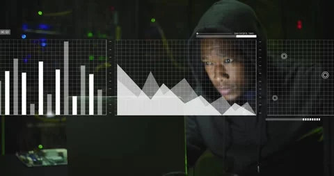 Animation of financial data processing over african american hacker in server Stock Footage 327275602