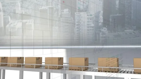 Animation of financial data processing over boxes on conveyor belts and Stock Footage 327361985
