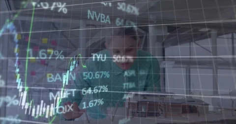 Animation of financial data processing over female architect working Stock Footage 327393480