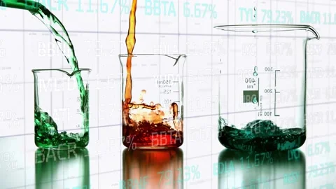 Animation of financial data processing over liquids pouring into lab glasses Stock Footage 327443954