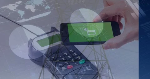 Animation of financial data processing over smartphone and payment terminal Stock Footage 327445883