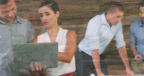 Animation of financial data processing over diverse business people using Stockbeeldmateriaal 327446129