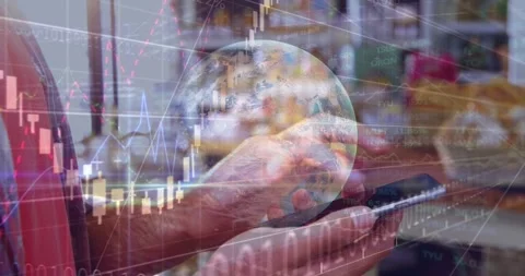 Animation of financial data processing over people using smartphone and payment Stock Footage 327447324