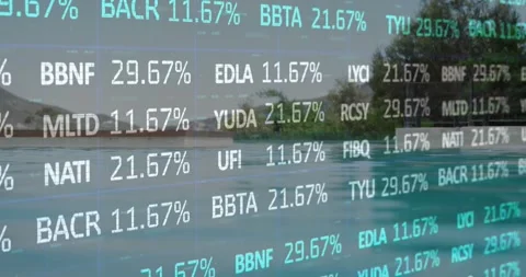 Animation of financial data processing over sunny lake and trees Stock Footage 327527886