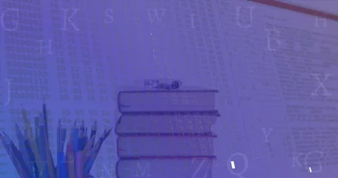 Animation of financial data processing over stack of books Stock Footage 327711820