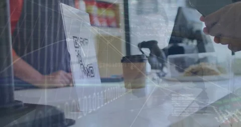 Animation of financial data processing over people using smartphone and payment Stock Footage 327712894