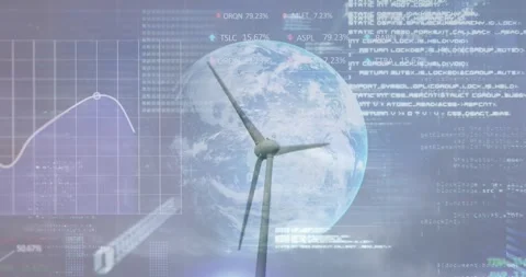 Animation of financial data processing over earth and wind turbine Stock Footage 327714014