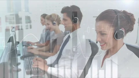 Animation of financial data processing over diverse business people using phone Stock Footage 327783024