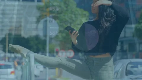 Animation of financial data processing over ballet dancer using smartphone Stock Footage 327898123