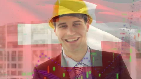 Animation of financial data processing over caucasian male architect and flag of Stock Footage 327902196