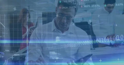 Animation of financial data processing over caucasian businessman taking notes Stock Footage 328005416