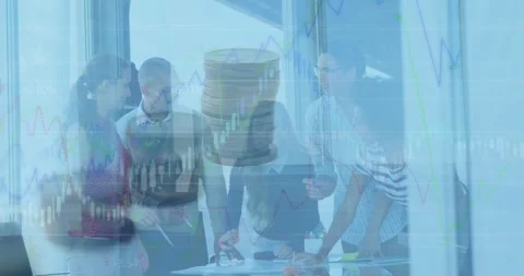 Animation of financial data processing over diverse businesspeople discussing Stock Footage 328006666