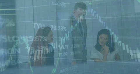 Animation of financial data processing over diverse businesspeople discussing Stock Footage 328079928